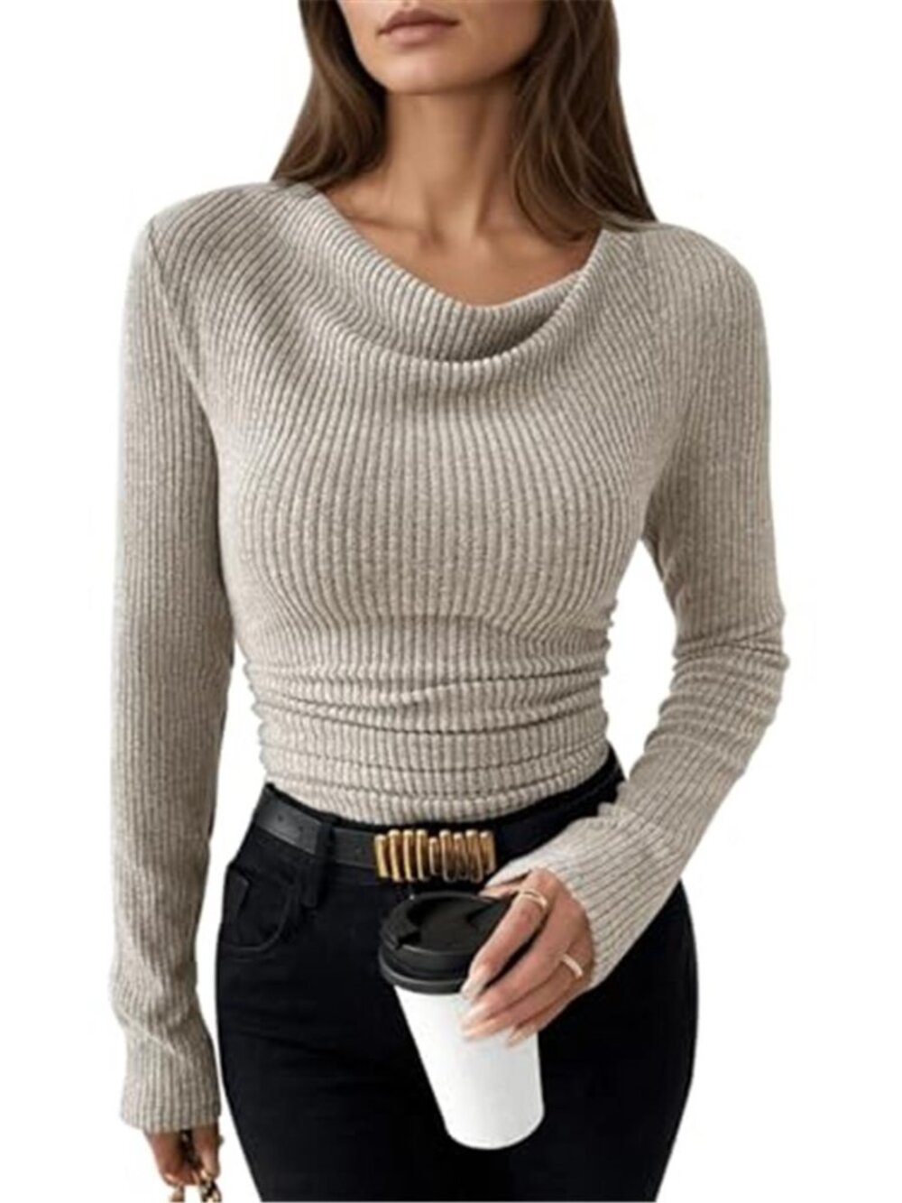 Women's Cowl Neck Ruched Top | Long Sleeve Fitted Going Out Shirt